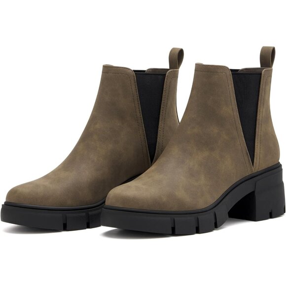 Redtop Women's Brown Faux Leather Elastic Chunky Block Heel Lug Sole Ankle Boot - Picture 6 of 7